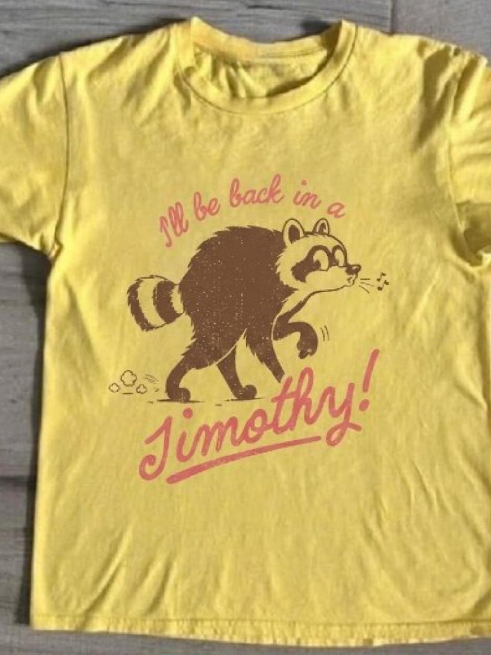 Gildan Yellow Short Sleeve Tee with Brown Raccoon & Pink Script Graphic